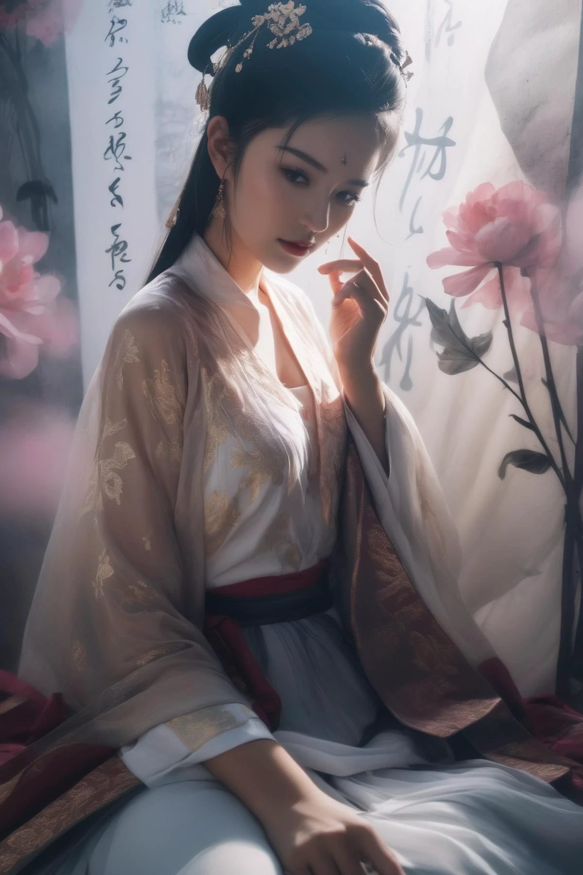 Double Exposure Style,Volumetric Lighting,a girl with Tulle skirt,head tilt,Traditional Attire,Artistic Calligraphy and Ink,light depth,dramatic atmospheric lighting,Volumetric Lighting,double image ghost effect,image combination,double exposure style