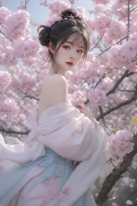 a woman in a white dress is standing under a tree with pink flowers