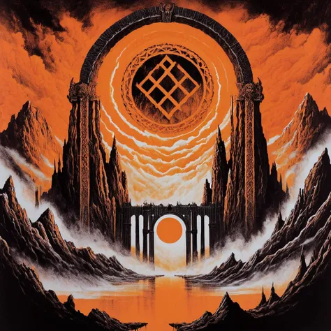blackmetal style, xerox fog storm clouds, mountains and classical bridges, circular portal to central religious Donkey Kong, splash of orange paint,
<lora:black_metal_art:1.0>