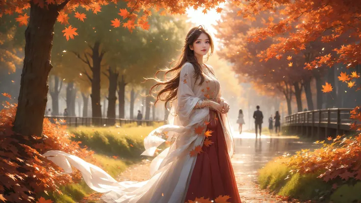 Dreamscape 1girl,smile,posing,walking,red long shan,white songmo,hair_ribbon,pearl bracelet,bangle,(autumn maple forest:1.3),(very few fallen leaves),(path:0.8),grove,bridge,(stream:1.2),cobbled road,nature,outdoors,Dreamy forest,golden hour lighting,landscape,lens_flare,depth of field,Park,Autumn scenery,Wind,The branches swayed,The leaves are in the wind,Light and shadow change,Falling leaves flying and dancing,Dynamic Tyndall lighting effects,The grass shook,masterpiece,best quality,highly detailed,Amazing,finely detail,extremely detailed CG unity 8k wallpaper,score:>=60,beautiful detailed eyes,Fine hair texture,. Surreal,ethereal,dreamy,mysterious,fantasy,highly detailed,