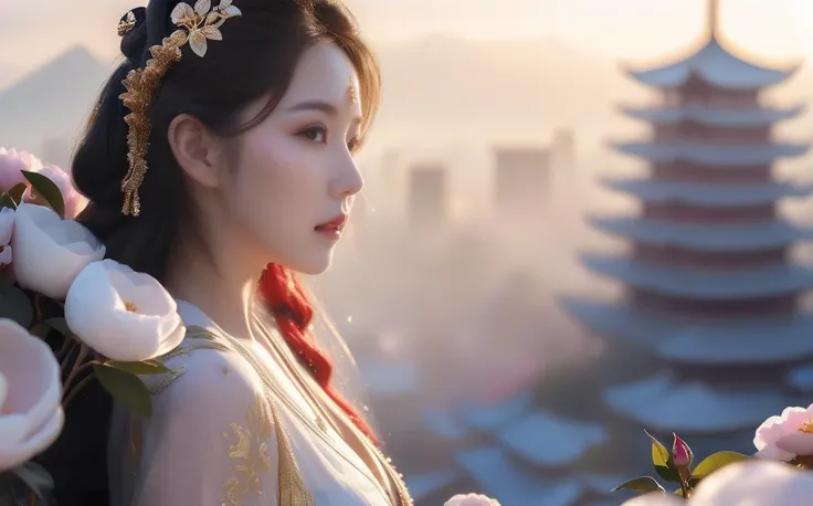 1girl, film, bokeh, professional, 4k, highly detailed,large breasts, (mythology background),
real world,(hyperrealism:1.1),(scales of extreme detail:1.3),best quality, dingdall effect,1girl,fog,(sunlight exposure:1.3),(sunlight through the hair:1.3),very long hair,(look looking at viewer:1.3),
(Chinese, buildings, (mountain:0.8), cloud),(sex:1.5),
(stochastic angle, stochastic pose,stochastic action),charming, alluring, seductive, erotic, enchanting, flowers, cleavag,exposed,camellia,
reflection,ray tracing,nebula,aura,flowy see-through costumes, flowy headpieces, flowy see-through gowns,gold,god,
luxury, jewelry, ornate, necklace, bracelet, hairpin,embroidery,