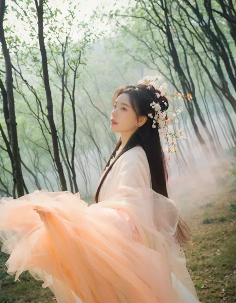 Best quality,(masterpiece:1.2),cinematic photo,A beautiful girl wearing a white hanfu
Hanfu girl in a peach blossom forest, delicate features, a gentle mist hangs in the air, petals gently falling and spiraling in the breeze. Beyond the peach blossom forest, in the distance, lies the meeting point of a sea of clouds and the ocean, shrouded in mist. This creates a dreamlike, ethereal scene. The softly blurred background unveils a detailed, realistic landscape with a tranquil, magical ambiance. Soft lighting, subtle lens flare, a hazy atmosphere, painterly elements, and enchanting, surreal beauty encompass the entire scene.