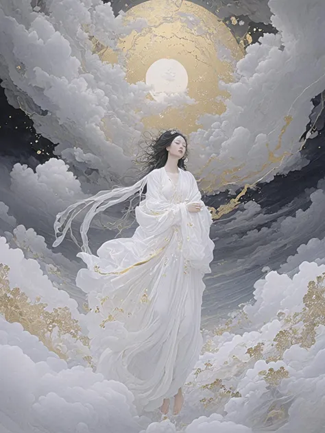 (Ultra realistic, intricate, Ultra high resolution masterpiece),(Amazing Primitivism Neuroaesthetic experiments art),white theme,
The painting depicts an ethereal beauty,soaring through diaphanous clouds. She wears flowing white hanfu robes traced with gold,billowing in the misty winds. With eyes closed serenely,the maiden in luminous white seems to float through this heavenly dreamscape,pure and unconstrained.,
(High quality,, Superb lighting, Highly detailed, Sharp focus, 8K UHD, masterpiece art),