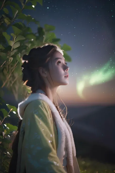 cinematic photo a girl on a green hill with a lot of leafs and trees, standing up, seeing her sideways. she is looking at the nightsky, which has lots of shinning starts. high definition . 35mm photograph, film, bokeh, professional, 4k, highly detailed