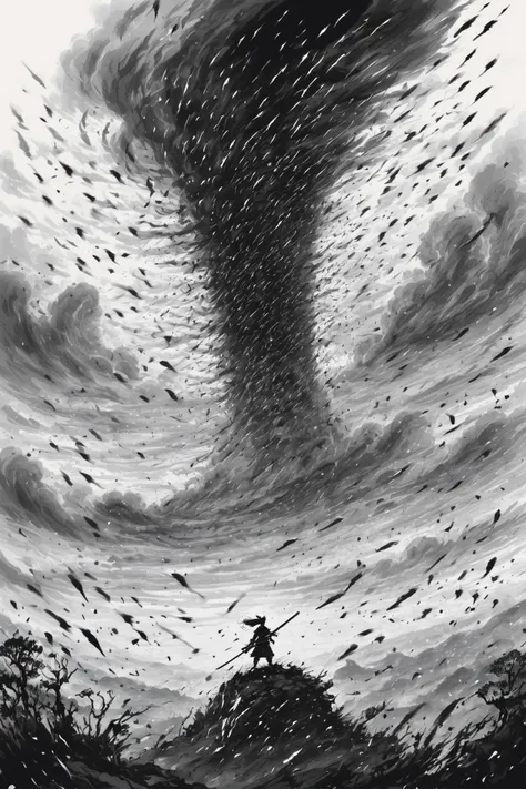 Crie uma imagem de um stickman usando seu poder de fogo chamado tornado de fogo. O stickman deve estar desenhado em estilo stick, On pencil paper, bem rabiscado. The fire tornado should be the only colored part of the picture.
The stickman must be standing, with arms extended to the sides. The fire tornado should be coming out of your hands and forming into a circle above it. O tornado deve ser de cor vermelha, com chamas amarelas e laranjas.