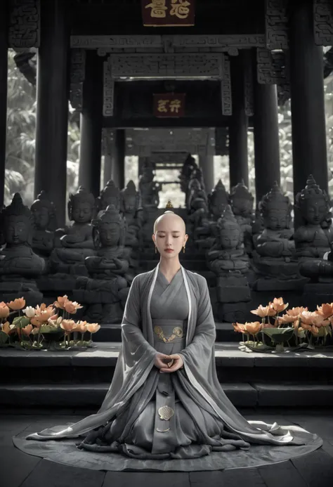 (grey:1.3)
She is bald hair. She is a bald nun who is meditating in the temple, surrounded by Buddha statues and lotus flowers, very elegant
The picture is symmetrical, symmetrical art
She is a female disciple of Buddhism, wearing robes typically worn by those in the Buddhist order, primarily in gray, symbolizing her purity and compassion. 
(She has compassionate eyes, allowing her makeup to be kept simple and modest, using gray as the main color, symbolizing her purity and compassion. She often practices meditation in the tranquility of the temple, where numerous Buddha statues and lotus flowers can be found.)
Her style is pure and compassionate, so the artistic style can be chosen as simple and unadorned, with a serene and light gray color palette.
(1girl:1.3), adult, Guofeng, Hanfu, mist, looking at viewer,long hair blown by the wind,  dusk, masterpiece,
analog film photo ethereal fantasy concept art of masterpiece, dynamic perspective, intricate details, wide angle, motion blur.  long hair.