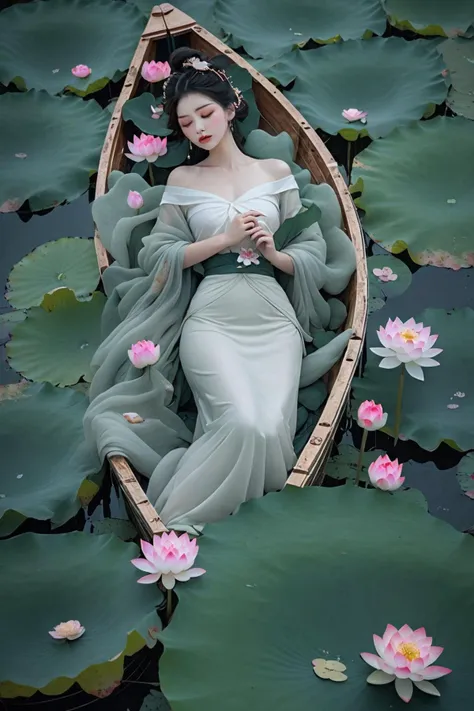 Super wide Angle,top view,a girl sleeping (on a small boat:1.2),surrounded by countless lotus leaves,beautiful and aesthetic,intricate details,best quality,