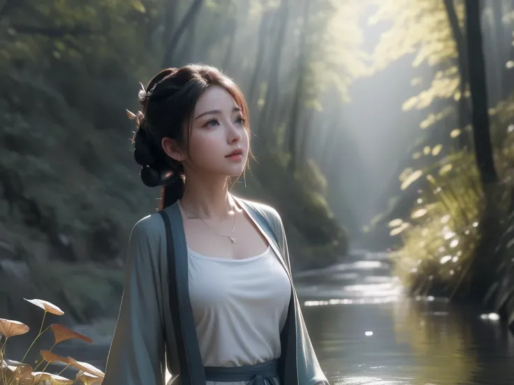 guofeng,((beautiful face)),full body, walking,path,forest,river,extremely delicate facial,(best quality),random emotion,(extremely detailed cg 8k wallpaper),masterpiecel, an extremely delicate and beautiful,extremely detailed,intricate,solo,photorealistic.hyper detailed,small breasts,tender Shining,amazing scene lighting,medium hair,Wet hair,(sportswear),standing,(upper body),arms behind back,light smile,necklace,
