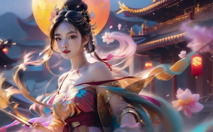 (stochastic angle, stochastic pose,stochastic action),charming, alluring, seductive, erotic, enchanting,Grimoire,gold,
luxury, jewelry, ornate, necklace, bracelet, hairpin,embroidery,(shiny see-through dress:1),
Overhead view,A picture full of stories, GoPro, dynamic blur, long exposure, 1girl,Martial arts, vengeance, cinematic, highly detailed, chinese style, playing the light and shadow, bauhaus photography, fuj, 28mm. hypercolorful dreamscapes, camille claudel, selective focus ,3D,(outdoors, Chinese architecture, buildings, (mountain:0.8), cloud),haze,fog,(smoke-filled:1.3),cloud,(colorful clouds:1.3),(drive through the clouds and ride the wind:1.5),
(Around floating particles:1)the most beautiful form of chaos,
(glowing ColoredBubbles:1),