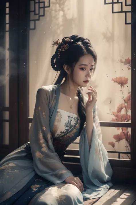 cinematic photo a girl in a stunning slender dress on knees fainting, face in pain, broken glass elevator, faded, dreamlike, trancelike, slight steampunk vibe, . Tradition Chinese Ink Painting, . 35mm photograph, film, bokeh, professional, 4k, highly detailed