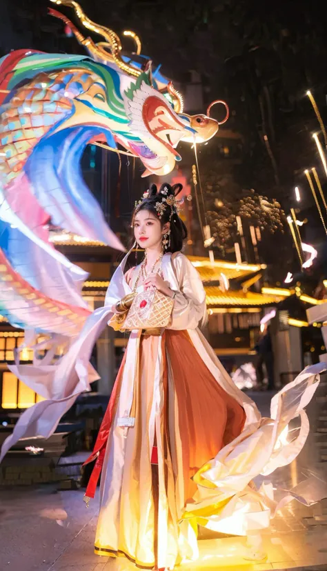 longnianhao,long3,dragon,a dragon hovers over the girl, eastern dragon,standing,glowing, from below, outdoors,flame,fireworks,wide angle,
Best quality,(masterpiece:1.2),cinematic photo, longnianhao,long3, 1girl, hair ornament, facial mark forehead mark, hair bun, necklace, earrings, A beautiful girl in colorful hanfu,long hair blown by the wind, full body, motion blur,

35mm photograph,night,,dreamy atmosphere, soft lighting, subtle lens flare, enchanting ambiance, tranquil,  mystic, picturesque, magical, painterly, otherworldly, hazy, 
