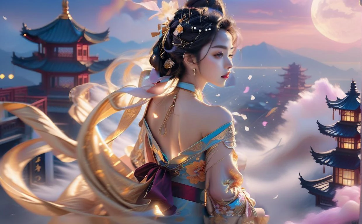 (stochastic angle, stochastic pose,stochastic action),charming, alluring, seductive, erotic, enchanting,Grimoire,gold,(full body:1.3) ,
luxury, jewelry, ornate, necklace, bracelet, hairpin,embroidery,(shiny see-through Cream lace high-low dress:1),
Overhead view,A picture full of stories, GoPro, dynamic blur, long exposure, 1girl,Martial arts, vengeance, cinematic, highly detailed, chinese style, playing the light and shadow, bauhaus photography, fuj, 28mm. hypercolorful dreamscapes, camille claudel, selective focus ,3D,(outdoors, Chinese architecture, buildings, (mountain:0.8), cloud),haze,fog,(smoke-filled:1.3),cloud,(colorful clouds:1.3),(drive through the clouds and ride the wind:1.5),
(Around floating ink:1)the most beautiful form of chaos,
(glowing Heart:1),