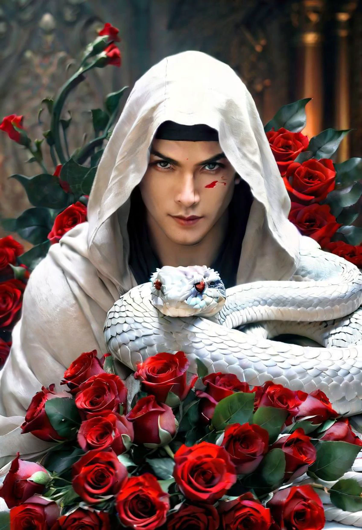 white snake, cobra with an open hood in an attack pose, sitting on a bouquet of red roses, deviantart, cobra, big red eyes!!!, beautiful, 5 e,
masterpiece, best quality, 8k, HDR, RGB, oil paints, watercolor, ink,
Bastien Lecouf-Degarme, Carn Griffiths, E. Abramzon, Raphael, Caravaggio,