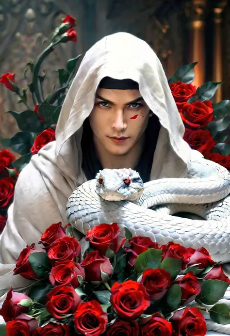 white snake, cobra with an open hood in an attack pose, sitting on a bouquet of red roses, deviantart, cobra, big red eyes!!!, beautiful, 5 e,
masterpiece, best quality, 8k, HDR, RGB, oil paints, watercolor, ink,
Bastien Lecouf-Degarme, Carn Griffiths, E. Abramzon, Raphael, Caravaggio,
