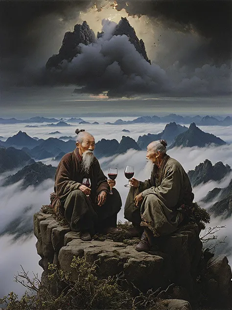(Ultra realistic, intricate, Ultra high resolution masterpiece),(Amazing Primitivism Neuroaesthetic experiments art),
The painting freezes a moment as two refined elderly Chinese gentlemen enjoy rice wine amidst clouds atop a misty peak. They sit on boulders,rugged cliffside behind them. One old man,beard and hair wispy white,lifts a ceramic bowl as if toasting,eyes crinkling cheerfully. His body tilts slightly,caught in mid-drink. Across from him,his bearded friend also raises a bowl,rosy faced from the wine's effects. Their billowing sleeves mingle and sway in the lofty winds. Beside them rests an open gourd,wine vessel waiting to be refilled. In the background,distant mountains peek through wandering clouds that surround the two friends on the summit. Their postures and expressions capture a transient yet poignant scene - appreciating friendship and wine while reflecting on life's journey.,
(High quality,, Superb lighting, Highly detailed, Sharp focus, 8K UHD, masterpiece art),