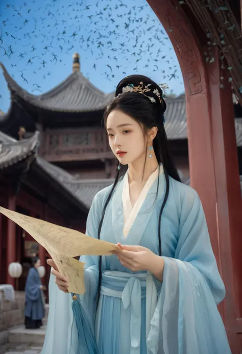 (blue:1.3)
In the courtyard of ancient Chinese architecture, holding a paper,(She engages in poetry exchanges in a study or a garden, with settings like a study, garden, calligraphy, painting, flowers, and birds.)
She is a female poet, dressed in traditional scholar's garments, predominantly in blue, symbolizing her elegance and literary talent.
She has a playful nose and lively eyebrows, allowing makeup to emphasize these features, with blue as the primary color, symbolizing her elegance and literary talent.
Her style is elegant and literary, so her artistic style can be simple, refined, with a fresh and light blue color palette.
(1girl:1.3), adult, Guofeng, Hanfu, mist, looking at viewer,long hair blown by the wind, dusk, masterpiece,
analog film photo ethereal fantasy concept art of masterpiece, dynamic perspective, intricate details, wide angle, motion blur. long hair.