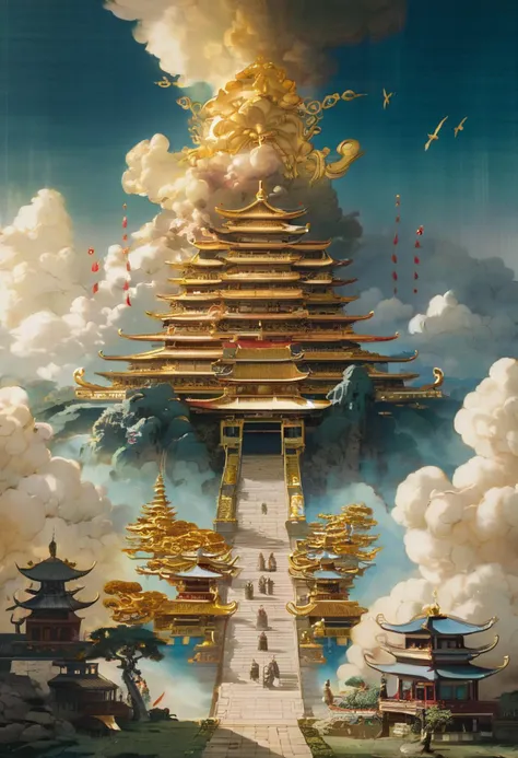 The sea of clouds scattered everywhere, and he walked lightly, each step lifting the auspicious clouds into the air. He stood on the clouds, staring at the ancient buildings in the opposite sea of clouds, dynamic, ambient, detailed