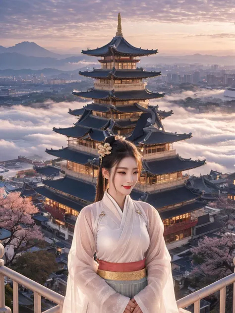 1girl,smile,open_eyes,hanfu,(huge breasts:1.2),(full body:1.3),(translucent,semitransparent,see-through),
The palace is magnificent in the background,sea of clouds in pastel hues.shining with golden light The scene is ethereal,
(architecture,building,city,tower,east_asian_architecture,castle,cloud,skyscraper,scenery,cityscape),
(High quality, Superb lighting, Highly detailed, Sharp focus, 8K UHD, masterpiece art),
