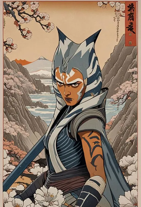 Japanese woodblock calligraphy scroll depicting Ahsoka Tano as a Japanese samurai, Ukiyo-e Art, katana, cherry blossoms, waves, traw hat, calligraphy, ahsoka tano, from star wars the clone wars, hyper detailed, intricate details, highly detailed, high res, high quality, stunning, a masterpiece