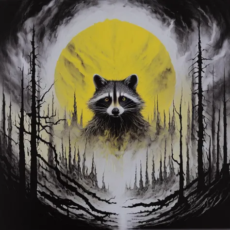 blackmetal style, xerox fog storm clouds, dead trees, circular portal to central religious raccoon, splash of yellow paint,
<lora:black_metal_art:1.0>