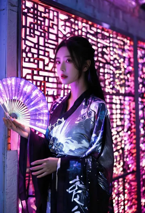 (Ultra realistic, intricate, Ultra high resolution masterpiece),(Amazing Primitivism Neuroaesthetic experiments art),(looking at viewer:1.2),(long sleeves,full body,fan,holding fan:1.2)
This painting depicts an elegant beauty wearing ancient Chinese Hanfu walking through a cyberpunk urban landscape illuminated by neon lights. She was wearing a delicate purple Hanfu and holding fan,cybernized girl with cyberpunk prosthetics, in Chinese dress, long hair, Spaceship inside, futuristic style, Sci-fi, hyper detailed, laser in center, laser from the sky, energy clots, photorealism, hyper realism, acceleration, light flash, speed, painting, 8K, HD, super resolution
(High quality,, Superb lighting, Highly detailed, Sharp focus, 8K UHD, masterpiece art)