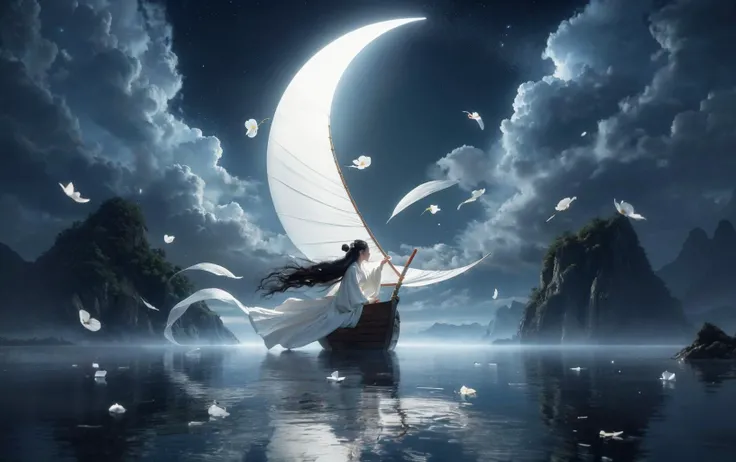 photorealistic, dynamic perspective, intricate details, wide angle,cinematic lighting, full body, Fantasy style, lake at night, a young girl,In the quiet of the night, a girl sits on a curved moon, hoisting a sail made of clouds, (extremely long black hair fluttering in the wind, white Hanfu, flowing sleeves), elegant, stunning scenery, (white petals floating on the water: 1.3), mixed style,