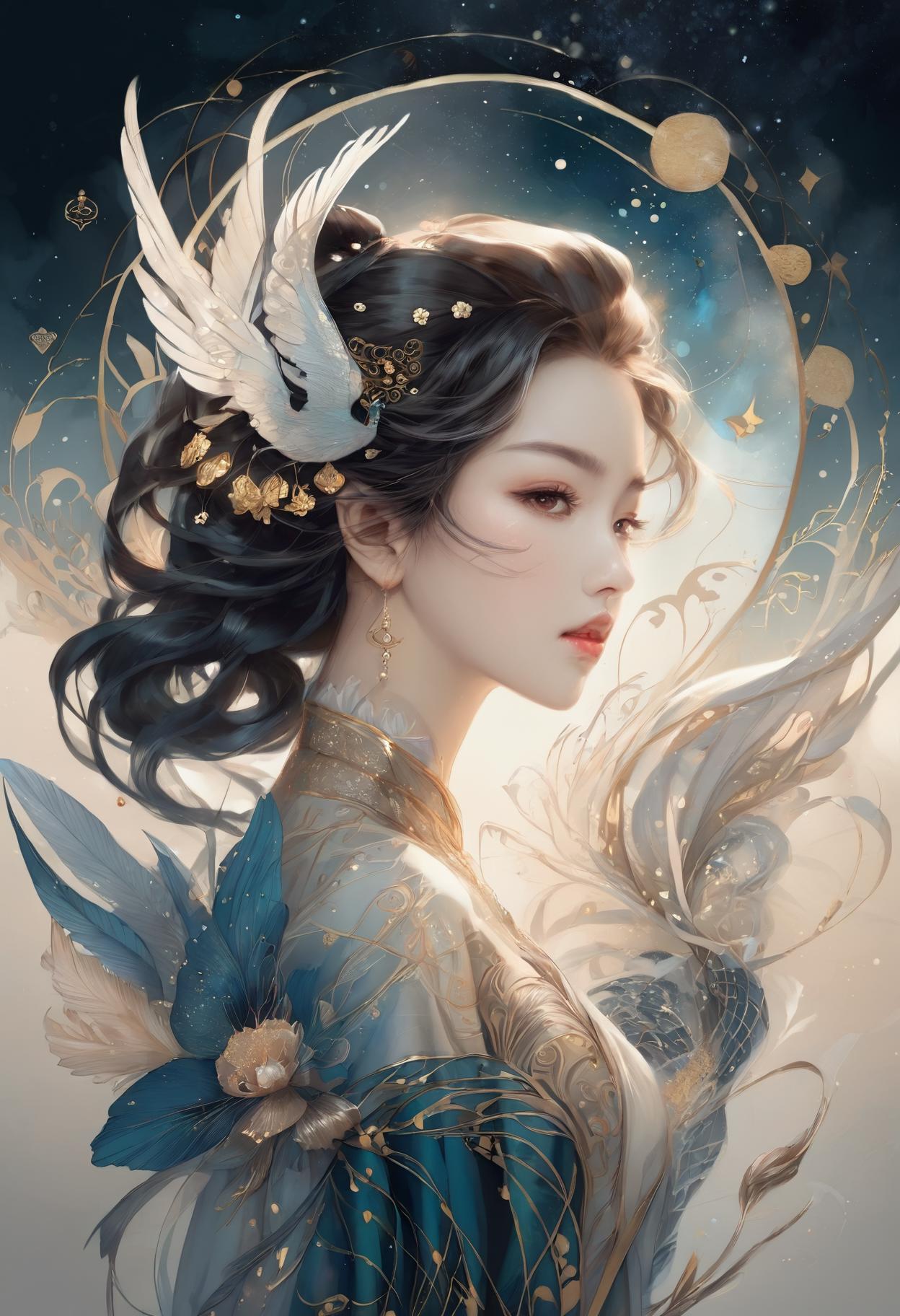 A woman with a blue dress and white feathers in her hair - SeaArt AI