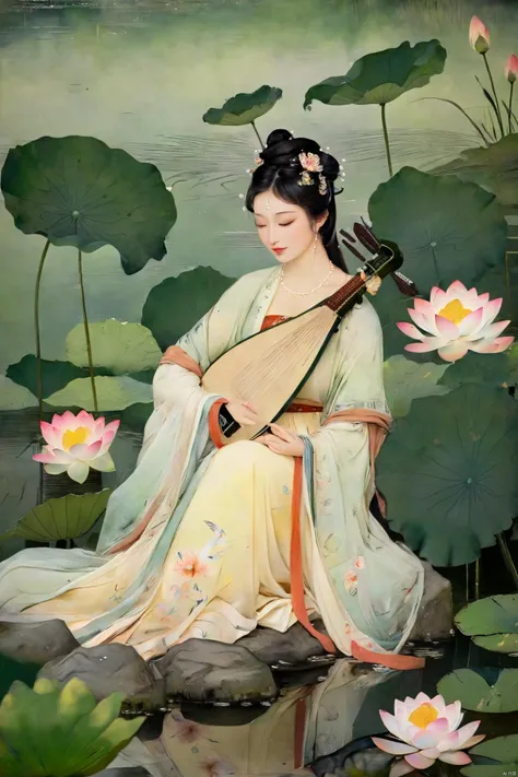 The woman,  dressed in traditional Hanfu,  sits on a green stone by the pond,  gently strumming her biwa lute. The blooming lotus flowers and darting dragonflies complement the melodious notes of the pipa,  creating a harmonious scene of movement and stillness.,<lora:EMS-79439-EMS:0.800000>