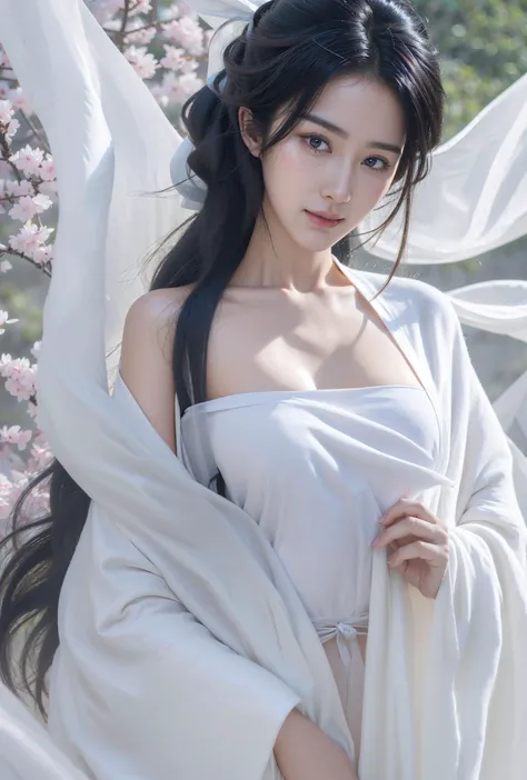 masterpiece,best quality,outdoors,white theme,a chinese girl,light smile,(bare shoulders:1.2),(cleavage:1.1),huge breasts,black long straight hair,Silk,wearing a veil,(see-through:1.3),wind,
Volumetric Lighting,leaning forward,light depth,dramatic atmospheric lighting,Volumetric Lighting,