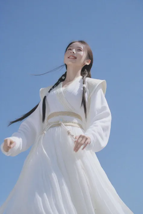 Vibrant Rim Light, a beautiful girl Dressed in white hanfu flying on the sky,4K HD hi-res photo,realistic Hasselblad photography,rim light,xianxia fantasy
,Rembrandt light, bright rim light, high contrast, bold edge light
