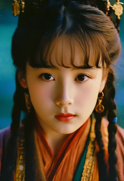 cinematic still a girl in hanfu is facing viewer, close-up. emotional, harmonious, vignette, 4k epic detailed, shot on kodak, 35mm photo, sharp focus, high budget, cinemascope, moody, epic, gorgeous, film grain, grainy, cinematic, extremely coherent, colorful, amazing detail