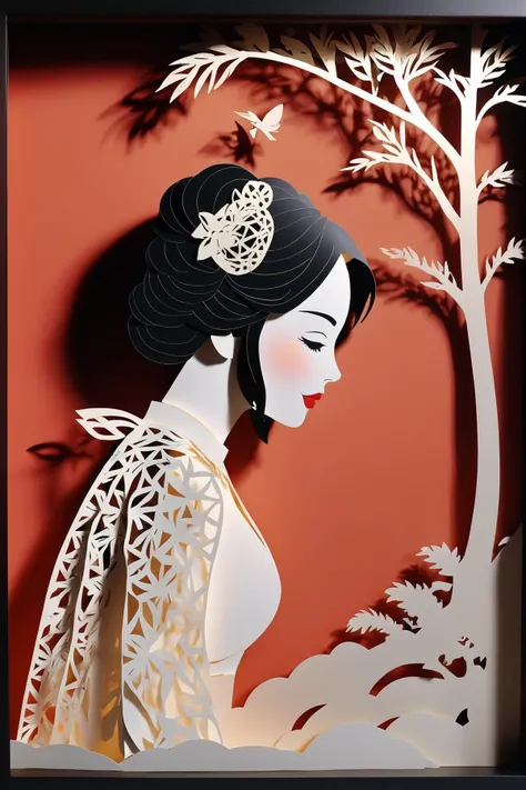 3D papercut shadow box of a girl with Beaded top,leaning forward . layered, dimensional, depth, silhouette, shadow, papercut, handmade, high contrast