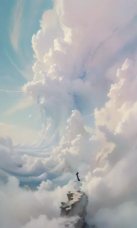 An impressionistic image of a girl astride an enormous white loong soaring amidst the clouds. The scene is filled with swirling,dreamlike effects that enhance the surreal atmosphere. The composition uses rule of thirds to frame the girl and her majestic mount. Soft focus and a pastel color palette create a fantastical ambiance. Shot with a fisheye lens for a wide-angle perspective.,