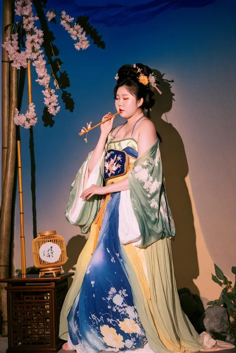 fashion shot of Immersed in the deep blue ambiance shortly after sunset or just before sunrise.,an asain fat girl in a hanfu,pose,18 yo,Rich, saturated, and lively colors dominating the scene. . Trendy outfit, styled, runway-ready, chic