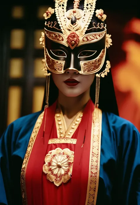 cinematic still At a traditional Chinese mask-making workshop, an asian woman in a Nuo dance-inspired costume posed, her dress echoing the enigmatic masks and their cultural significance.. emotional, harmonious, vignette, 4k epic detailed, shot on kodak, 35mm photo, sharp focus, high budget, cinemascope, moody, epic, gorgeous, film grain, grainy, fine detail, polished, complex artistic color, cinematic, intricate, extremely coherent, dramatic light, colorful, iconic, dynamic composition, rich vivid colors, illuminated background, beautiful surreal atmosphere, creative, positive, unique, engaging, attractive, innocent, symbolic, perfect, symmetry, relaxed, clear, aesthetic, great, pure