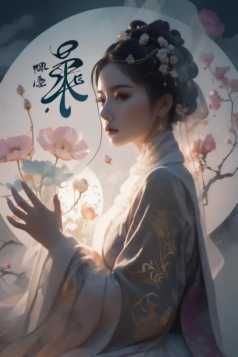 Double Exposure Style, Volumetric Lighting, a girl with Halterneck dress,arms up,Traditional Attire,Artistic Calligraphy and Ink,flower zentangle,Foggy,Lustful, light depth, dramatic atmospheric lighting, Volumetric Lighting, double image ghost effect, image combination, double exposure style