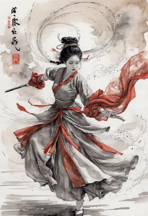 Hero comic Japanese Ink Drawing, A female in Song dynasty style Hanfu, her red Songmo headdress fluttering in the wind. She wields the (ink pen) with one hand, her swordplay agile and powerful, as if ready to leap into the air at any moment.
Action: Each of her sword dance movements is filled with passion and strength, her hair flying wildly with the vigorous motions, like flames dancing in the air.
Background: The background is simplified, sketched with light ink strokes, highlighting the fluidity and power of the character's movements.
Style Features: Utilizes shades of ink and precise strokes to capture the elegance of the clothing and the dynamism of the sword dance, aiming to present an artistic effect that combines motion and stillness., ink drawing, inkwash, Japanese Ink Drawing. graphic illustration, comic art, graphic novel art, vibrant, highly detailed. Color-themed narratives, calligraphy, strategic battles, palace intrigue, vast deserts, rain-soaked duels, cinematic, highly detailed, sharp focus, ambient composition, dynamic dramatic heavenly atmosphere