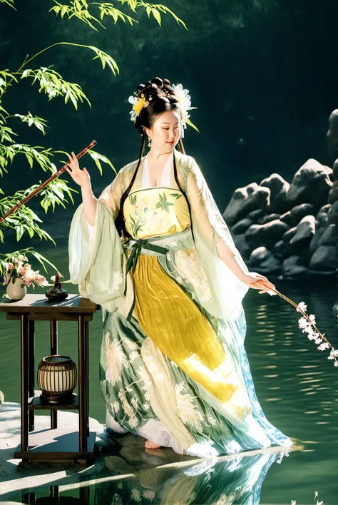fashion shot of Illuminated by the bright and cheerful rays of the sun.,an asain fat girl in a hanfu,pose,18 yo,Dancing by a river, bathed in a dreamy water reflection. . Trendy outfit, styled, runway-ready, chic