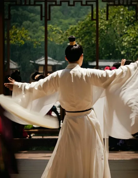 cinematic still graceful fan dance a chinese man in hanfu . fluttering fans, synchronized movements, and traditional music . emotional, harmonious, vignette, 4k epic detailed, shot on kodak, 35mm photo, sharp focus, high budget, cinemascope, moody, epic, gorgeous, film grain, grainy