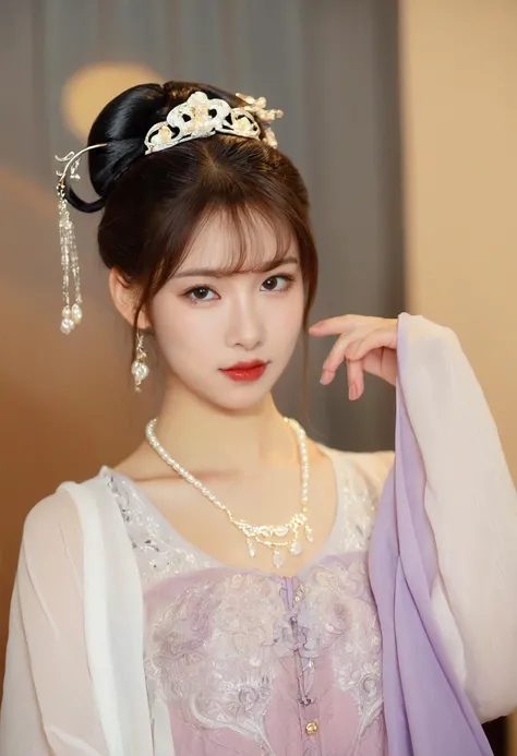 asian,(hanfu),gufeng,Gallium, bangle bracelet, Duchess, Short, Skinny, Square Face, fair skin, Brunette Hair, grey Eyes, [[Curved Nose]], Full Lips, Prominent Chin, Long Hair, Wavy Hair, Low Updo, soft breasts, Dangle earrings, mauve cream lipstick, Ivory Lace Teddy