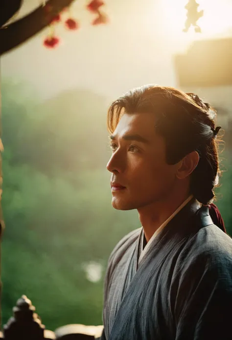 cinematic still a man in hanfu,Romantic. emotional, harmonious, vignette, 4k epic detailed, shot on kodak, 35mm photo, sharp focus, high budget, cinemascope, moody, epic, gorgeous, film grain, grainy, cinematic composition, innocent, imposing, extremely, iconic, incredible fine detail
