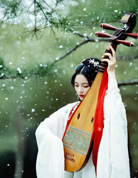 cinematic still A woman wearing a red and green hanfu,with long black hair, There are white trees and white snowflakes around her.wind,floating hair,kneeling on floot,close-up,playing pipa . emotional, harmonious, vignette, 4k epic detailed, shot on kodak, 35mm photo, sharp focus, high budget, cinemascope, moody, epic, gorgeous, film grain, grainy