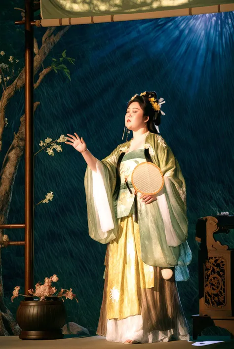 fashion shot of Illuminated by the first rays of the day, signaling a new beginning.,an asain fat girl in a hanfu,pose,18 yo,Sun rays in an aged forest, creating layers and atmosphere. . Trendy outfit, styled, runway-ready, chic