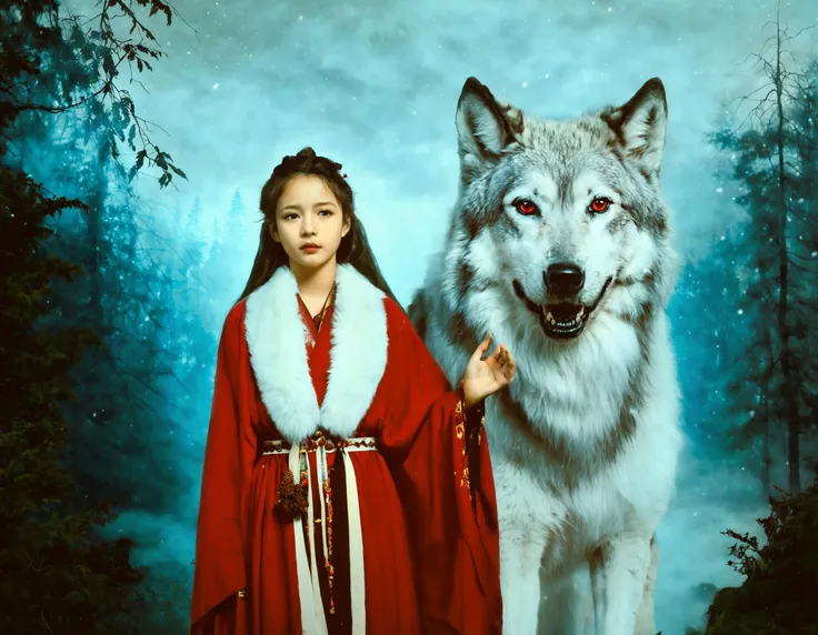 cinematic still (half open eyes) . emotional, harmonious, vignette, 4k epic detailed, shot on kodak, 35mm photo, sharp focus, high budget, cinemascope, moody, epic, gorgeous, film grain, grainy, This vivid oil painting captures a mystical atmosphere with a girl in traditional hanfu attire, colored in rich shades of red and gold, against a backdrop of a misty, ancient forest. A colossal white wolf with thick fur and piercing blue eyes stands closely behind her, exuding a protective aura. The soft brush strokes highlight the wolf's fur and the intricate patterns on the girl's dress.An illustration of a fantasy giant wolf standing in a mystical forest, (half open eyes), light cute magic, true colors, dramatic, intricate, elegant, highly detailed, extremely complex, colorful, sharp focus, beautiful, inspired, handsome, glowing, epic, stunning, gorgeous, enormous, amazing, breathtaking, cool, creative, surreal, awesome, illuminated, brilliant, very inspirational, wonderful, pretty, attractive, thought, ambient background