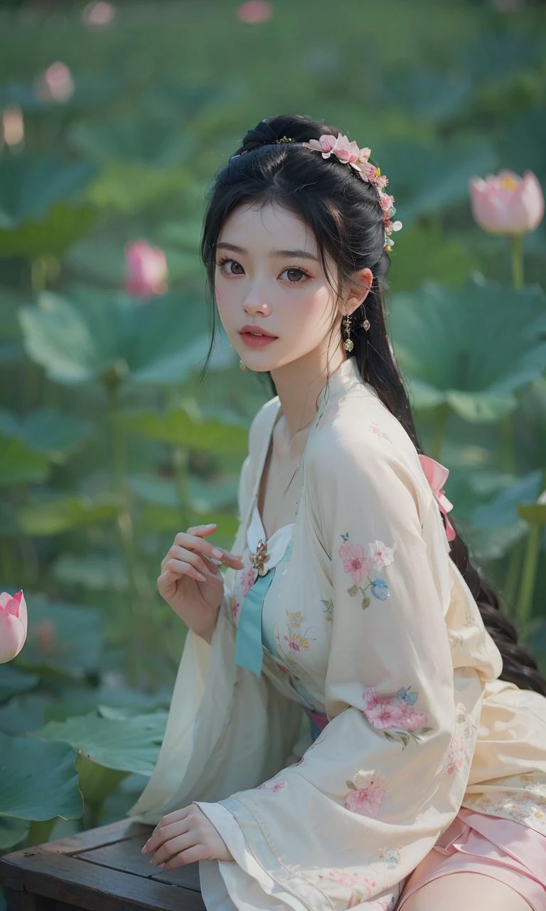 a girl sitting on a flower field bench,palace,in hanfu,instagram competition champion,in the water all the way to the shoulder,stand gracefully on the lotus,inspired by hua yan,high priestess tarot,complete cosplay,fairylight smile,moody lighting,upper body,