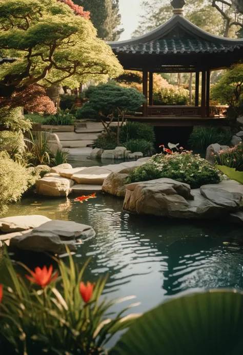 cinematic still By a traditional Chinese garden, with koi-filled ponds and intricate rockeries, an asian woman in a botanical-themed Hanfu posed. Every fold of her dress seemed to echo the serenity and design of the garden.. emotional, harmonious, vignette, 4k epic detailed, shot on kodak, 35mm photo, sharp focus, high budget, cinemascope, moody, epic, gorgeous, film grain, grainy, cinematic, extremely fine detail, complex, elegant, rich deep colors, perfect, coherent symmetry, clear, ambient, iconic, creative, vibrant, best, dramatic, light, great, awesome, atmosphere, peaceful, beautiful, stunning, flawless