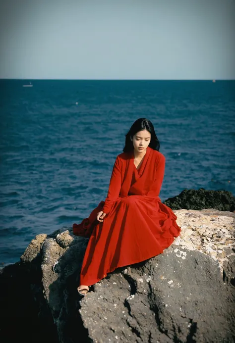 cinematic still A asian woman wearing a black, red, and white dress is sitting on a gray rock by the seaside.. emotional, harmonious, vignette, 4k epic detailed, shot on kodak, 35mm photo, sharp focus, high budget, cinemascope, moody, epic, gorgeous, film grain, grainy, cinematic, extremely fine detail, color quality, perfect light, coherent, symmetry, innocent, beautiful, pretty, deep aesthetic, dramatic, rich vivid colors, ambient background, full composition, intricate, magical atmosphere, spectacular, artistic, thought, best, surreal, shiny, great creative, exciting, futuristic, stunning, cute, attractive, fashionable, elite, luxurious, awesome