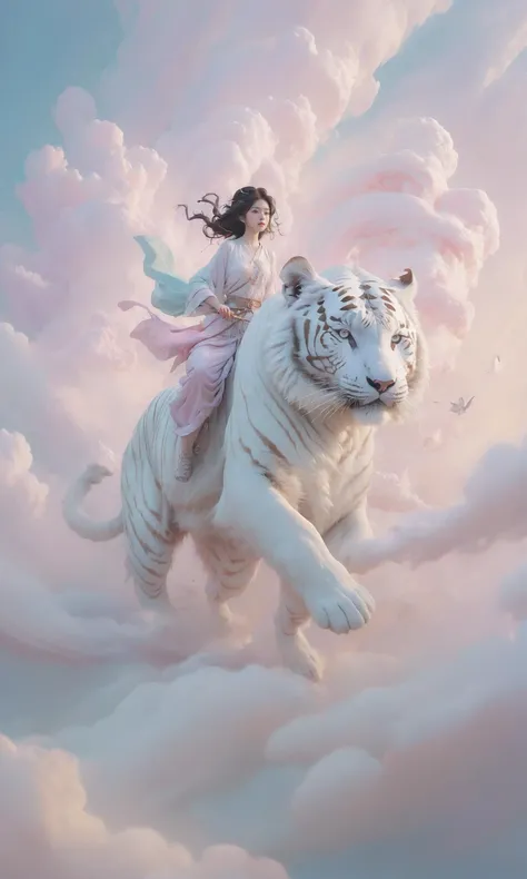 An impressionistic image of a girl astride an enormous white tiger soaring amidst the clouds. The scene is filled with swirling,dreamlike effects that enhance the surreal atmosphere. The composition uses rule of thirds to frame the girl and her majestic mount. Soft focus and a pastel color palette create a fantastical ambiance. Shot with a fisheye lens for a wide-angle perspective.,