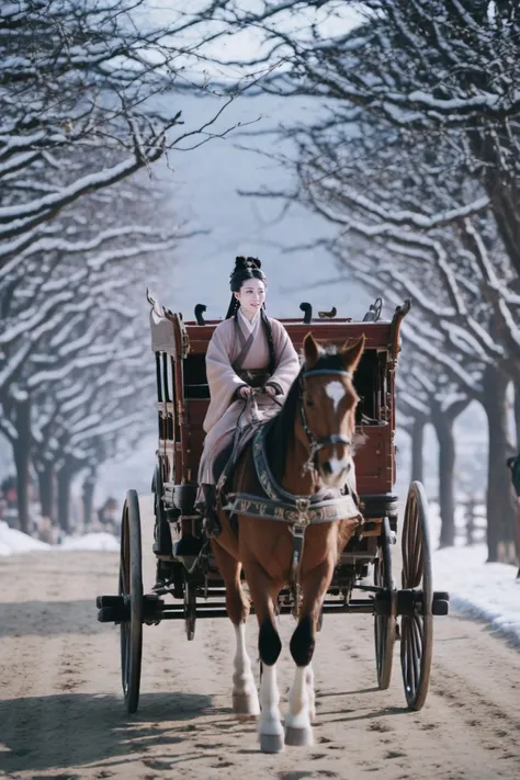 cinematic photo (winter day ),ancient transportation a chinese woman in hanfu . wooden carriages, galloping horses, and traditional roads,key light . 35mm photograph, film, bokeh, professional, 4k, highly detailed