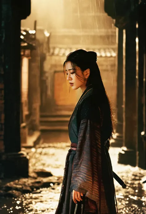 cinematic still In this evocative Wong Kar-wai-styled wuxia illustration, a solitary female warrior stands amidst a desolate, rain-slicked alleyway, the ambient light casting her shadow long and forlorn against the ancient walls. Her traditional garb is a blend of deep, muted tones, harmonizing with the surrounding twilight. Her posture is one of subdued power, with a sword hanging by her side, its presence as quiet as her solitude. Her gaze is lost in the distance, reflecting a poignant loneliness, characteristic of Wong's exploration of isolation within his films. The scene's saturated hues, the interplay of light and shadow, and the slow, deliberate framing create a mood that is both introspective and cinematic, capturing the essence of a wuxia heroine's inner turmoil amidst the silence of the night.. emotional, harmonious, vignette, 4k epic detailed, shot on kodak, 35mm photo, sharp focus, high budget, cinemascope, moody, epic, gorgeous, film grain, grainy, colorful, extremely cute